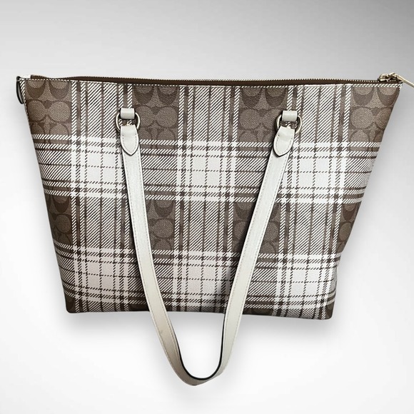 Coach Tan and Cream Checkered Tote Bag - Picture 3 of 13
